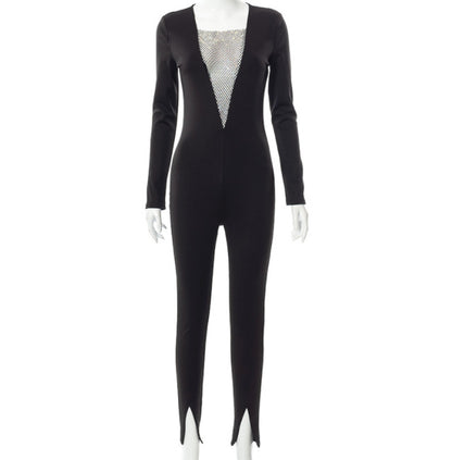 V Neck Long Sleeved Split Sexy Jumpsuit With Diamonds