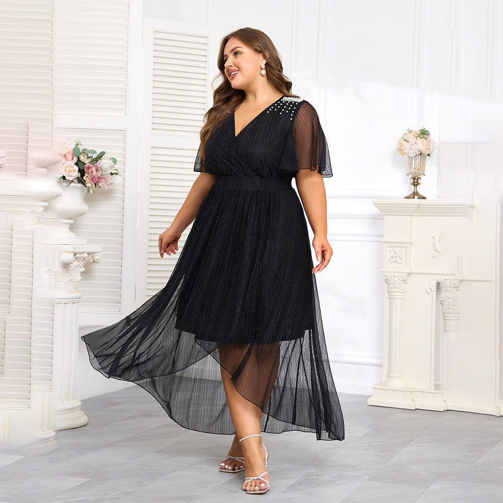 Short Front And Long Back Nail Bubble Beads Elastic Waist Plus Size Women's Elegant Dress Dress