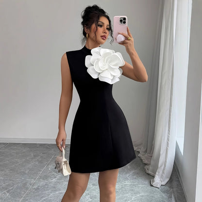 3D Floral A-line Mini Dress With A Cinched Waist And Sleeveless Design