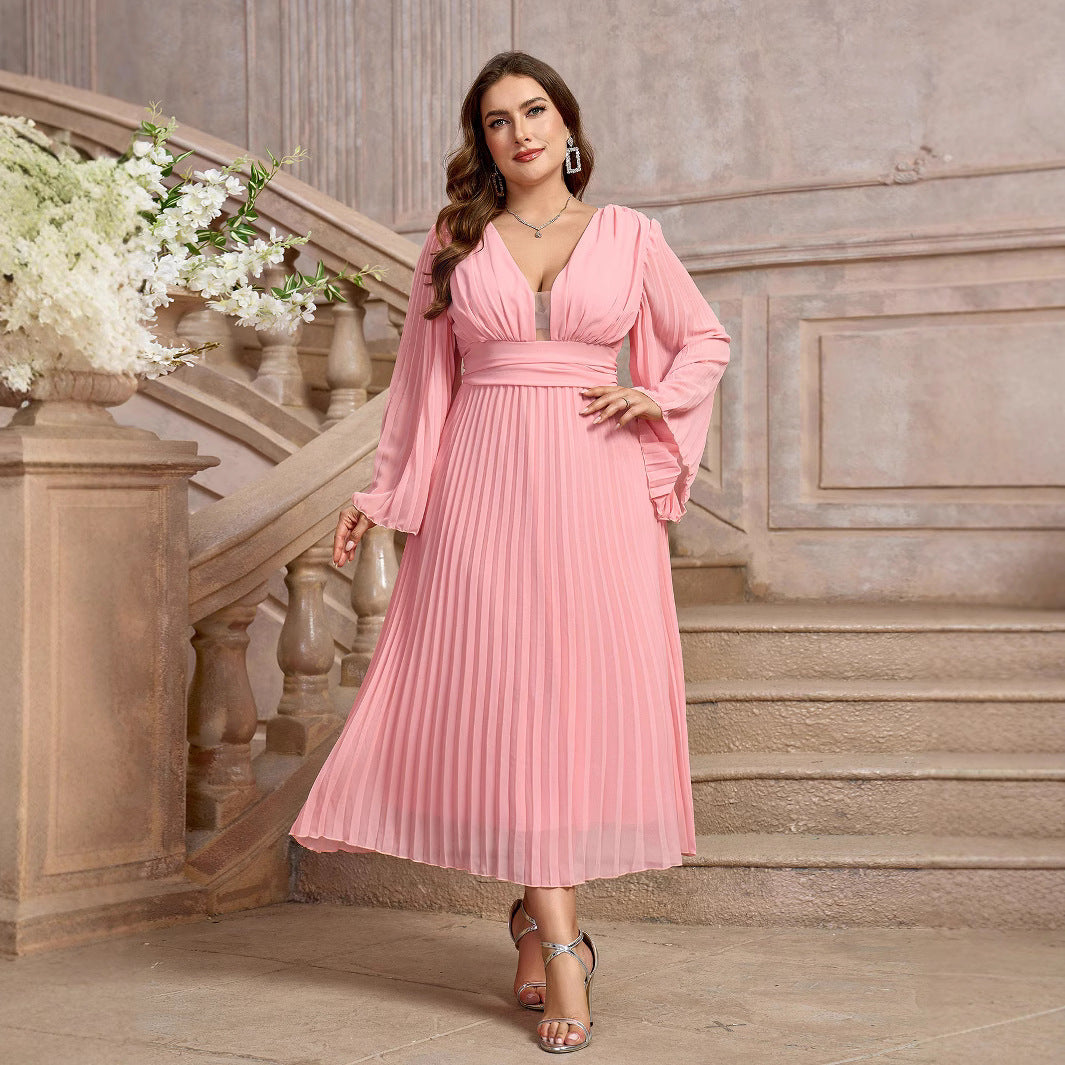 Plus Size Dress Women's V-neck Long Sleeve