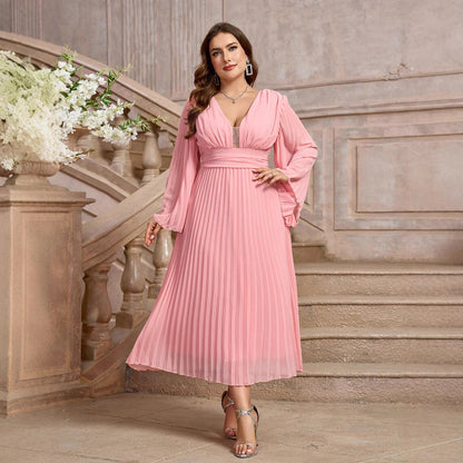 Plus Size Dress Women's V-neck Long Sleeve
