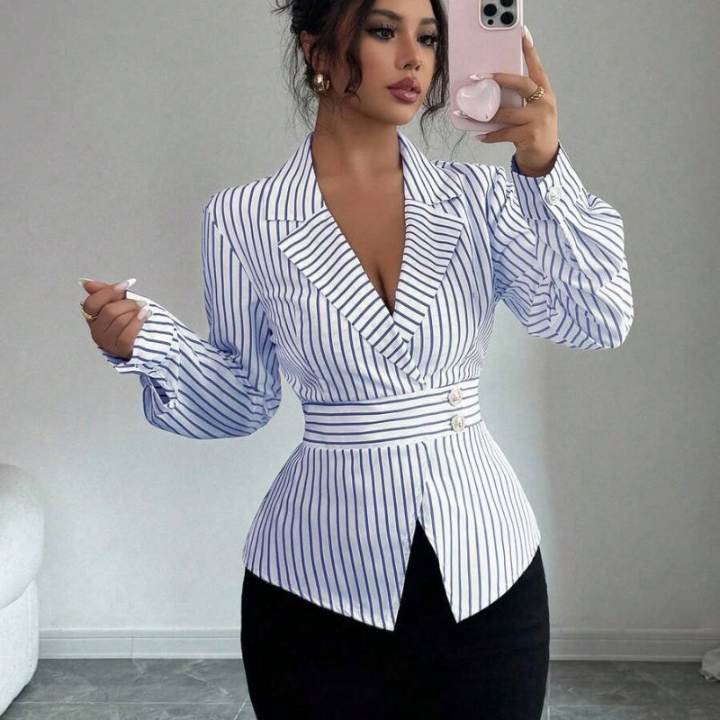 Elegant Women's Striped Long-sleeve Asymmetrical-neck Blouse