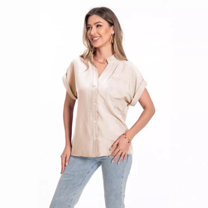 Stand Collar Button Fashion Comfortable Short Sleeve Women's Summer Top
