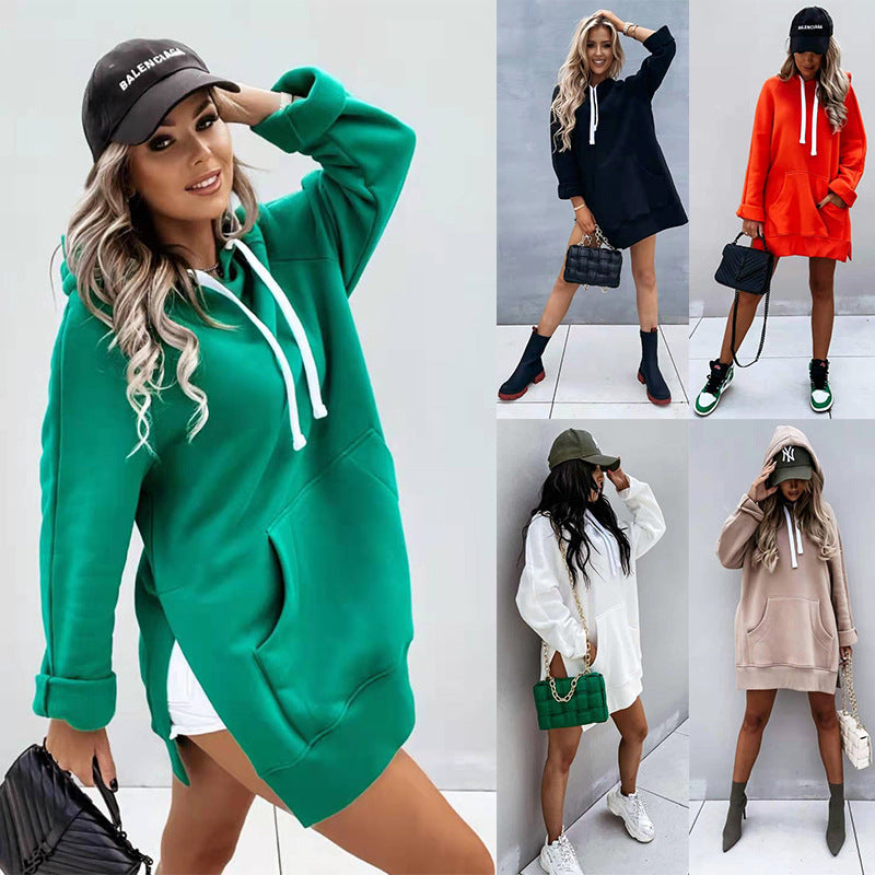 Women's Solid Color Hooded Mid-length Sweater