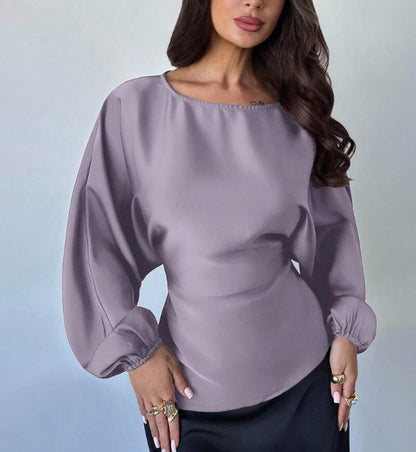 Casual Round Neck Lace-up Waist Shirt For Women