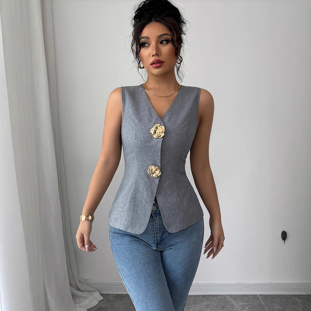 Sleeveless Rose Button Slim Vest Elegant Commute