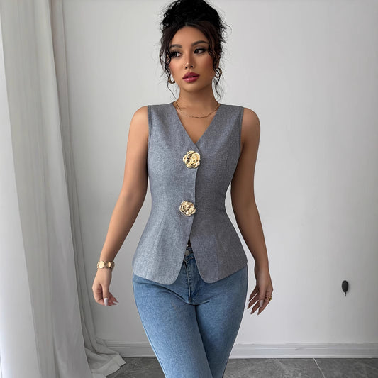 Sleeveless Rose Button Slim Vest Elegant Commute
