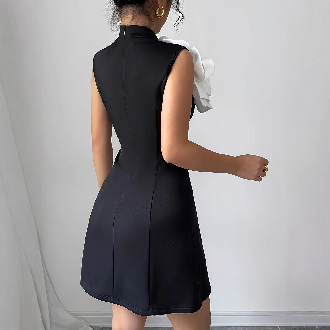 3D Floral A-line Mini Dress With A Cinched Waist And Sleeveless Design