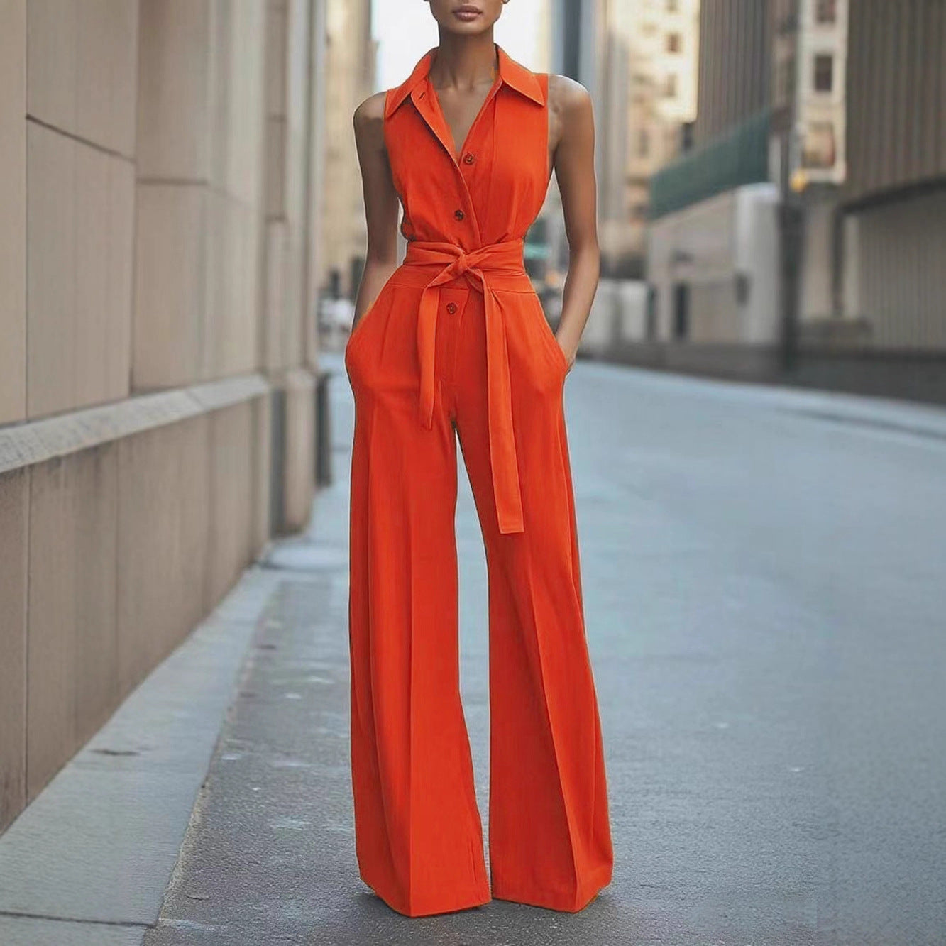 Fashionable Solid-color Wide-leg Jumpsuit With A Shirt Collar