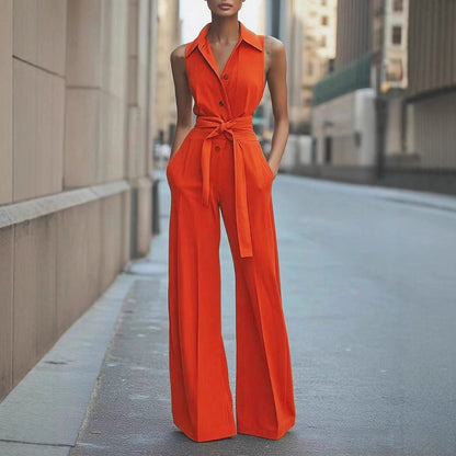 Fashionable Solid-color Wide-leg Jumpsuit With A Shirt Collar