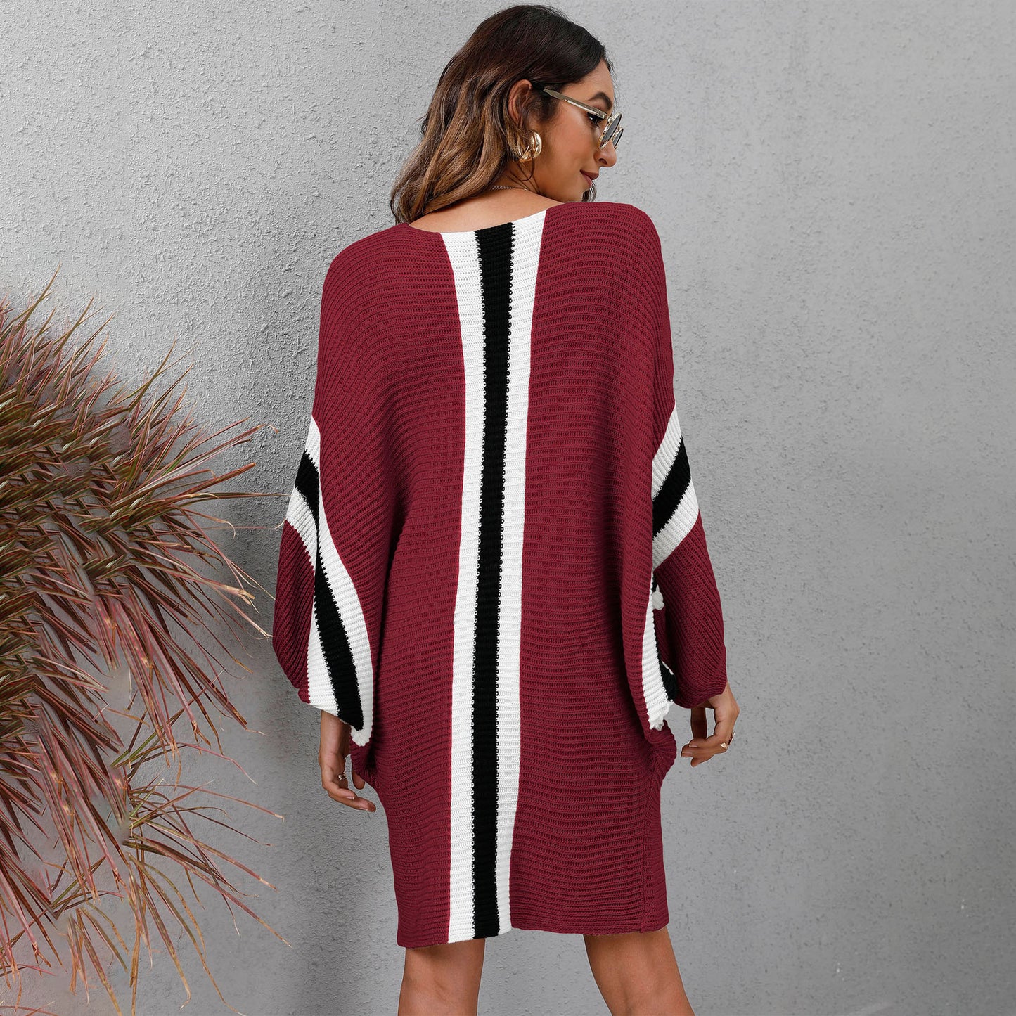 Knit Sweater Loose Bat Sleeve Contrast Color Stitching Dress