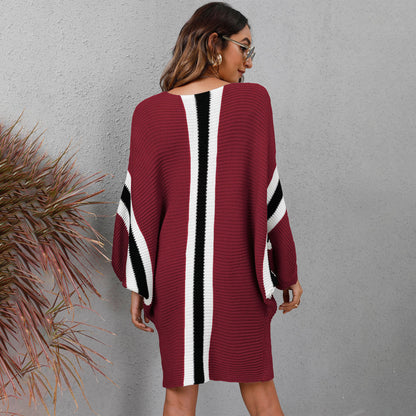 Knit Sweater Loose Bat Sleeve Contrast Color Stitching Dress