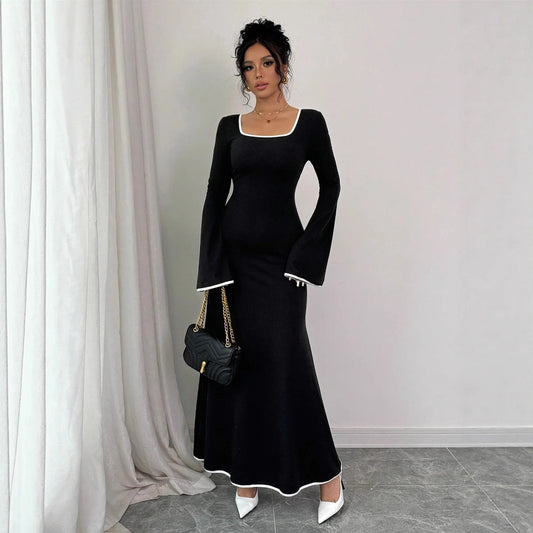 Temperament Square Neckline Famous Style Color Block Slim And Elegant Dress