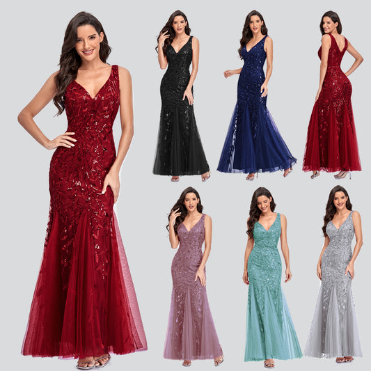 Long Dress Sleeveless V-neck Embroidered Sequin Slim Mermaid Dress