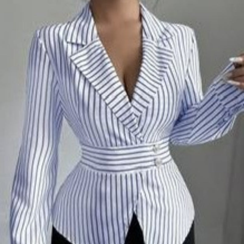 Elegant Women's Striped Long-sleeve Asymmetrical-neck Blouse