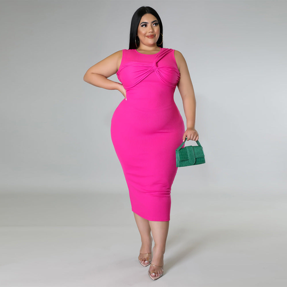 High-elasticity Ribbed Sophisticated Plus-size Dress With Sleeveless Design And Round Neckline