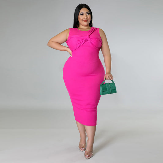 High-elasticity Ribbed Sophisticated Plus-size Dress With Sleeveless Design And Round Neckline