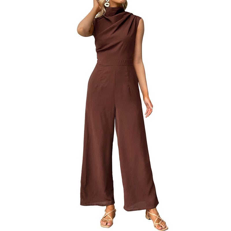 Casual Sleeveless Solid-color Boat-neck Wide-leg Jumpsuit