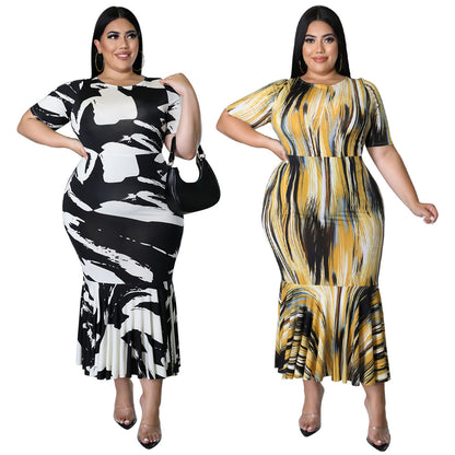 Women's Crew-Neck Short-Sleeve Ruffle-Trim Printed Plus-Size Dress