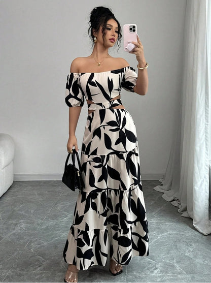 Off-shoulder Sexy Hollow-out Dress Printed Bodycon