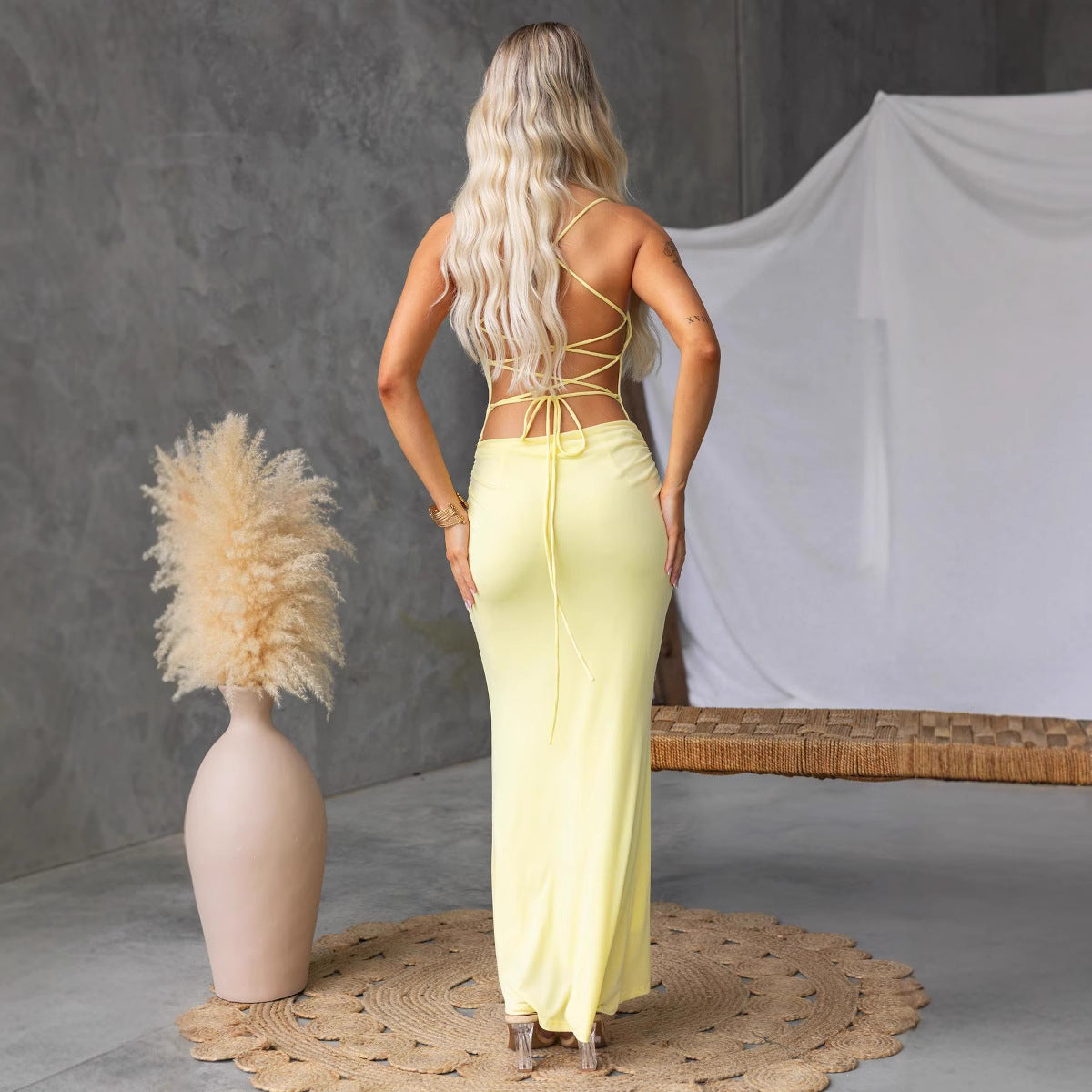 Backless Cross Tie Low Waist Bodycon Maxi Dress