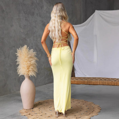 Backless Cross Tie Low Waist Bodycon Maxi Dress