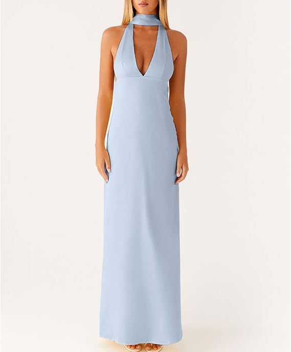 Womens Floral Halterneck Deep V-Neck Backless Bodycon Maxi Dress