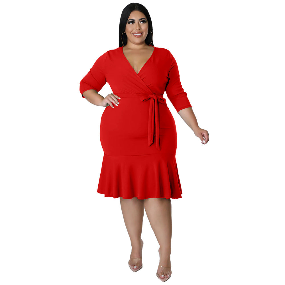 Sexy V-Neck Lace-Up Bodycon Dress With Ruffled Hem Plus-Size Women's Wear