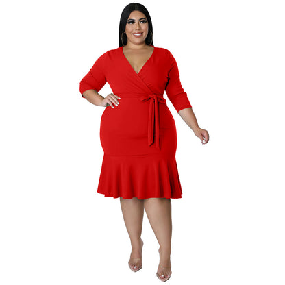 Sexy V-Neck Lace-Up Bodycon Dress With Ruffled Hem Plus-Size Women's Wear