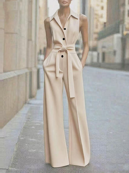 Fashionable Solid-color Wide-leg Jumpsuit With A Shirt Collar