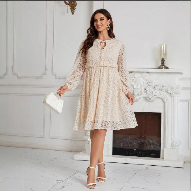 Lace Lace-up Graceful And Fashionable Long Sleeve Plus Size Dress
