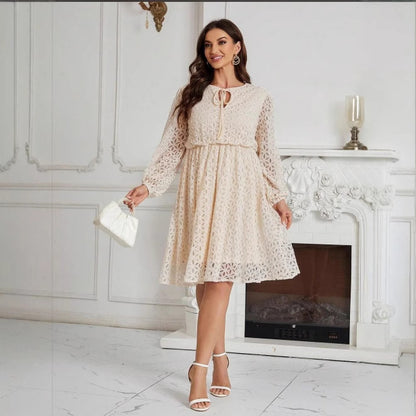 Lace Lace-up Graceful And Fashionable Long Sleeve Plus Size Dress