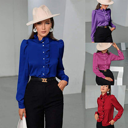 Solid Color Simple Long-sleeved Ruffle Straight Shirt