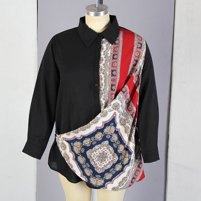 Printed Stitching Loose Long-Sleeved Sexy Shirt