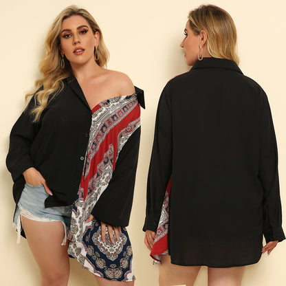 Printed Stitching Loose Long-Sleeved Sexy Shirt
