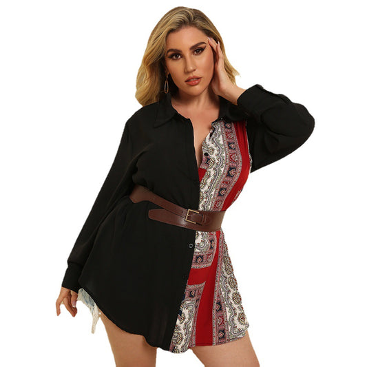 Printed Stitching Loose Long-Sleeved Sexy Shirt