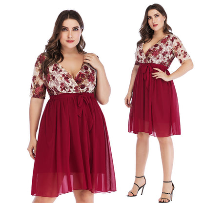 Plus Size Dress Women Short Sleeve Evening Gown