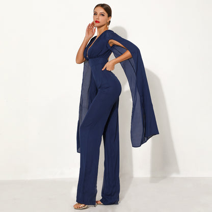 Deep V High Waist Chiffon Long Sleeve Halter One Piece Wide Leg Pants