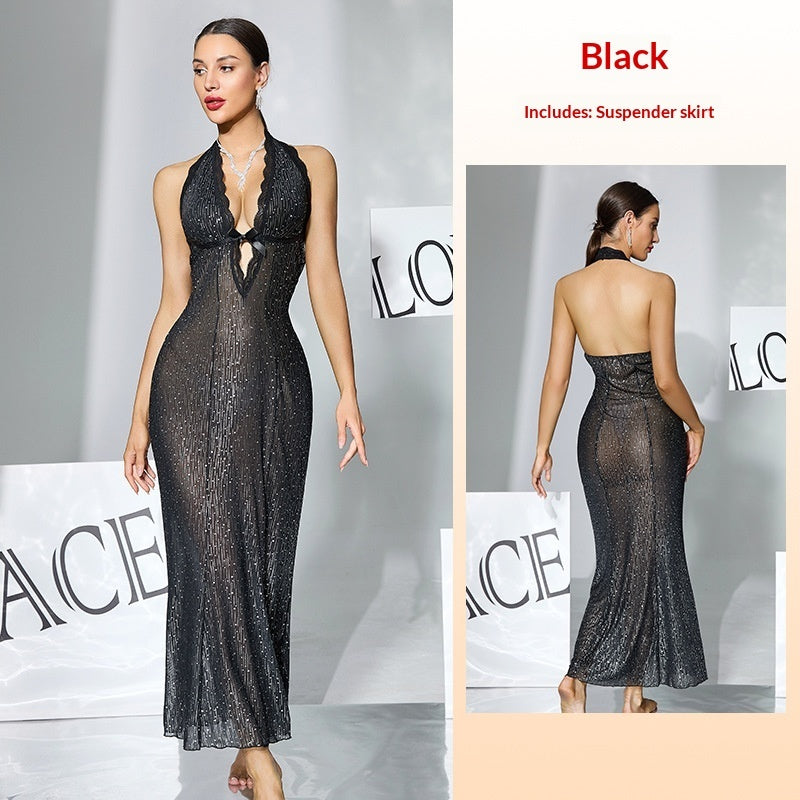 Black Sequin-embellished Sheer Halter-neck Deep-V Backless Bodycon Sexy Dress