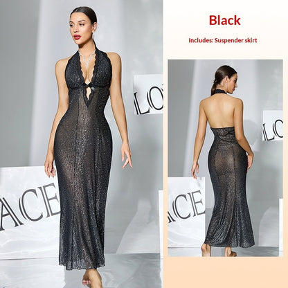 Black Sequin-embellished Sheer Halter-neck Deep-V Backless Bodycon Sexy Dress