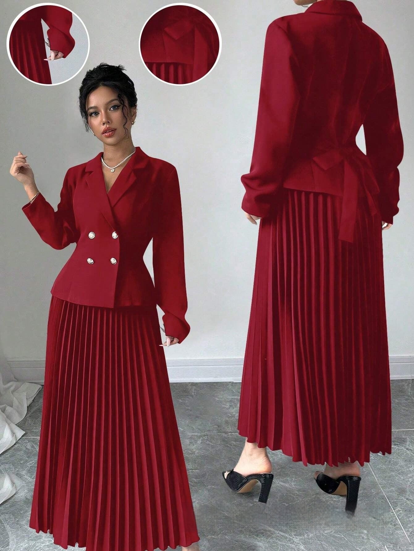Womens Double-Breasted Top And Pleated Skirt Set