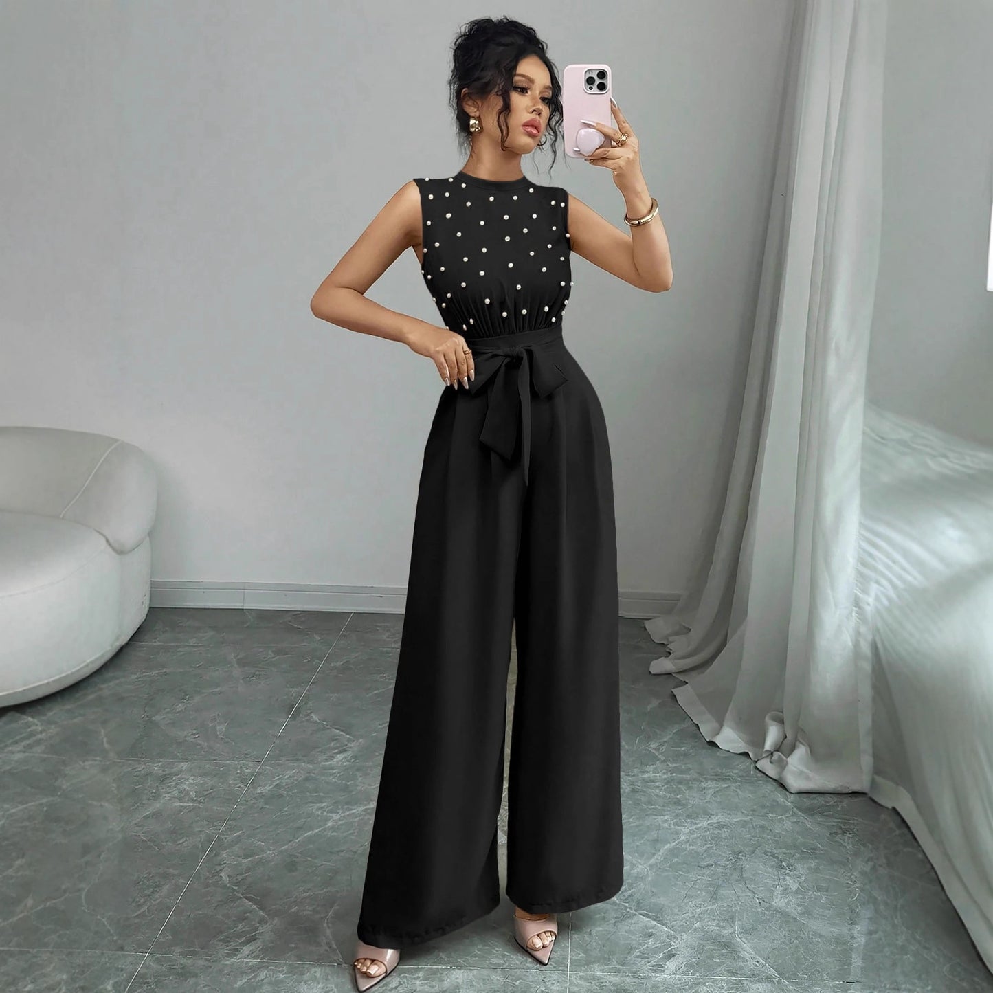 Black Polka Dot Sleeveless Wide-leg Jumpsuit With Round Neck