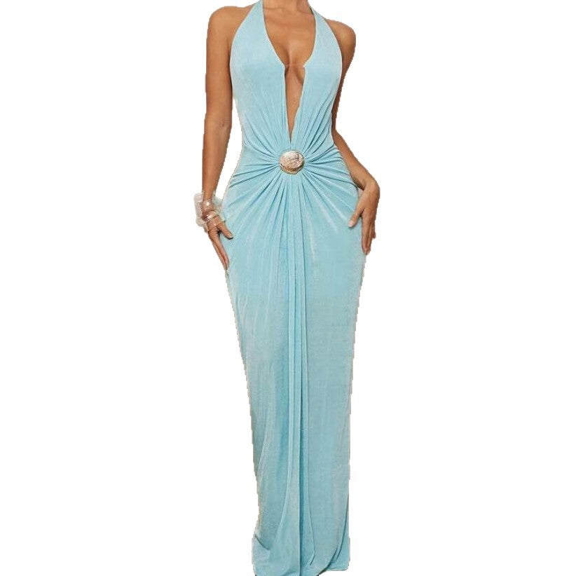 Deep V-neck Halter Dress With Open Back