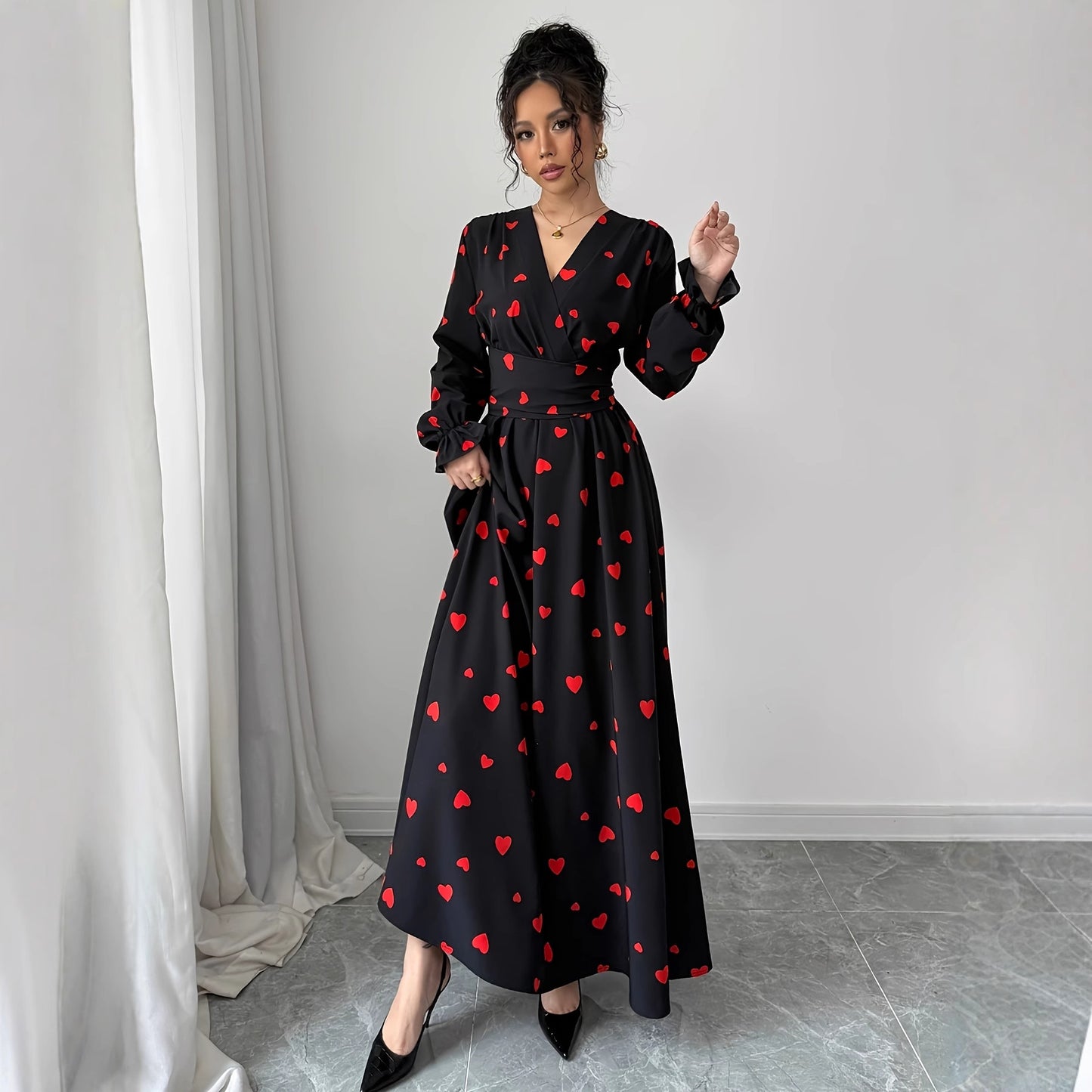 Women's Printed V-Neck Long Sleeve Waist Tie Dress