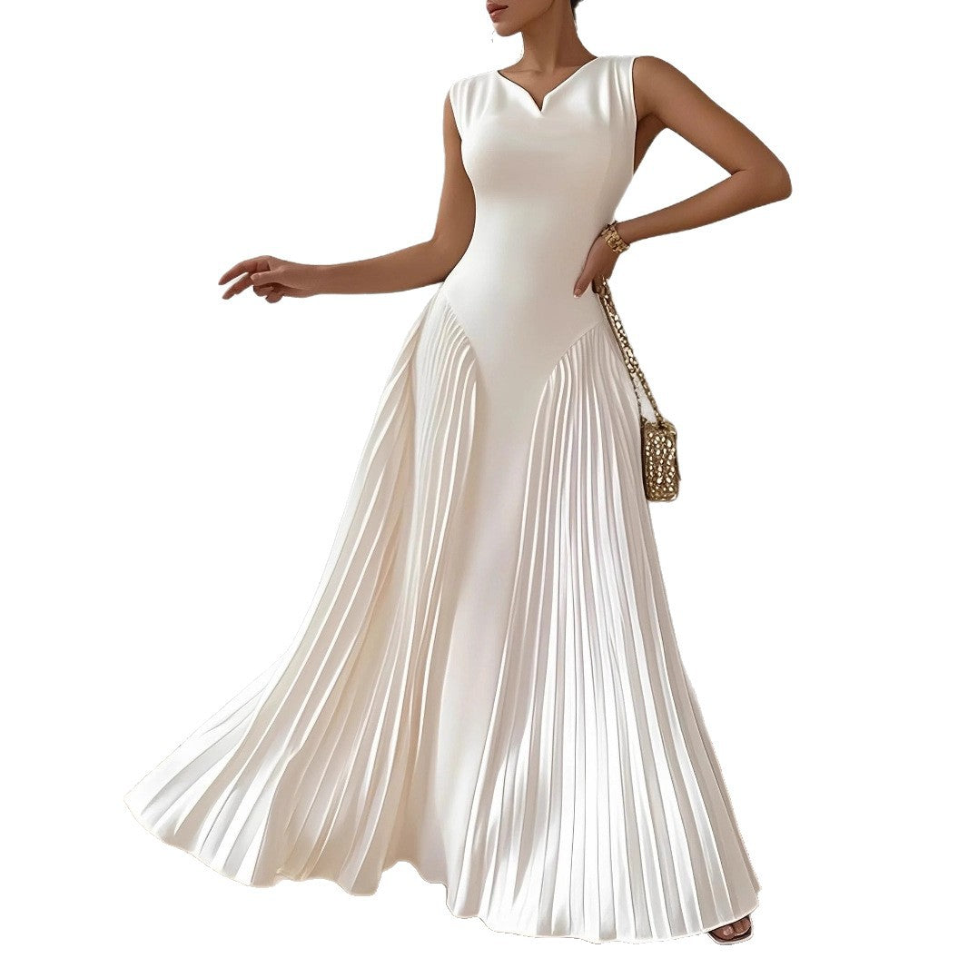 European And American-style Elegant Pleated Waist-cinching Maxi Dress