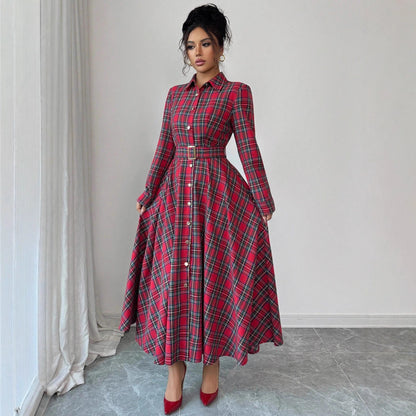 Elegant Romantic Woven Plaid Long Sleeve Dress