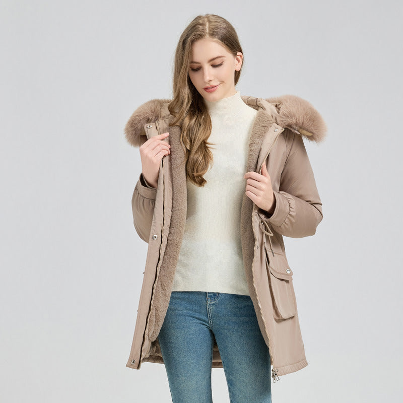 Winter Fur-Lined Hooded Parka Coat Mid-Length Down