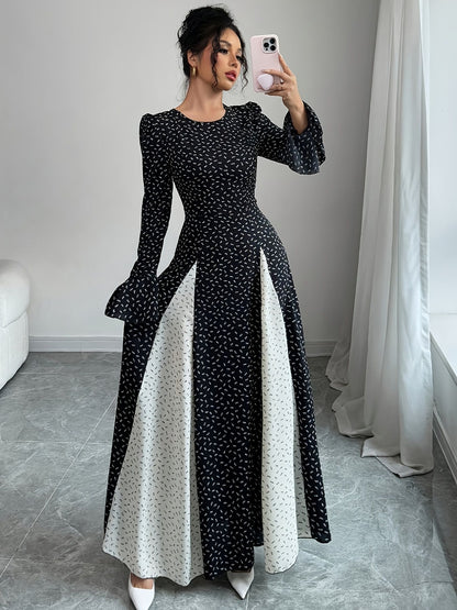 Black And White Patchwork Print Slim-waist Flared Sleeve Long Dress