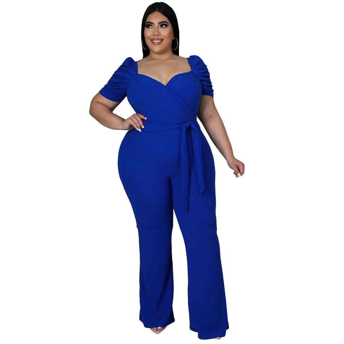 Women's Plus-Size Stand Collar Ruffle Sleeve High-Waist Jumpsuit Wide-Leg Pants
