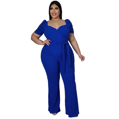 Women's Plus-Size Stand Collar Ruffle Sleeve High-Waist Jumpsuit Wide-Leg Pants